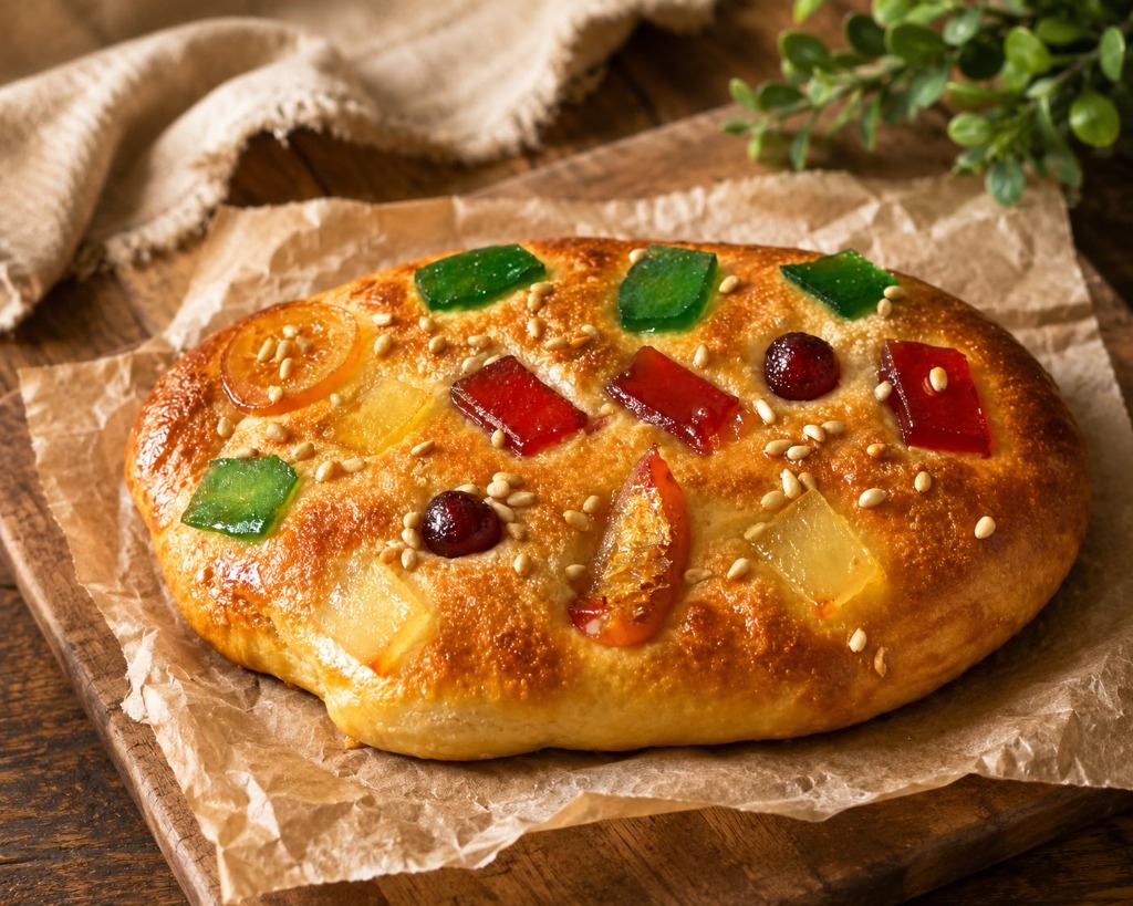 Coca de Fruta con frutas confitadas artesanal